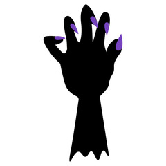 The stump of a dead man's hand. Silhouette with purple nails. Curved fingers with sharp claws. Vector illustration. Isolated white background. Halloween symbol. Decoration for All Saints Day. 