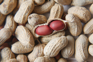 detail shot of Processed pea nuts on table top down .