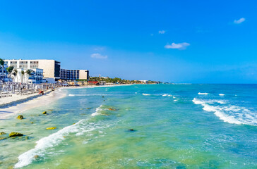 Fototapeta na wymiar Tropical mexican beach clear turquoise water Playa del Carmen Mexico.
