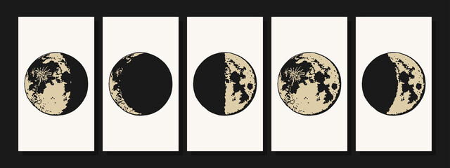The Moon, Moon Phases in modern colors, contemporary aesthetic poster, background or card template in popular art style © CreativeUniverse