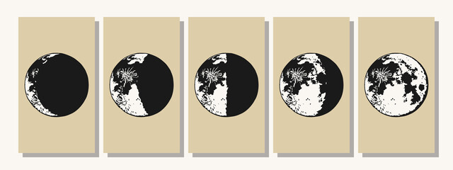 The Moon, Moon Phases in modern colors, contemporary aesthetic poster, background or card template in popular art style © CreativeUniverse