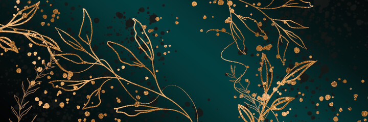 Background with effects and gold paint splatters. Minimalistic style with gold ribbons. Plants with leaves, organic shapes, watercolor style. For web, banners or cards.