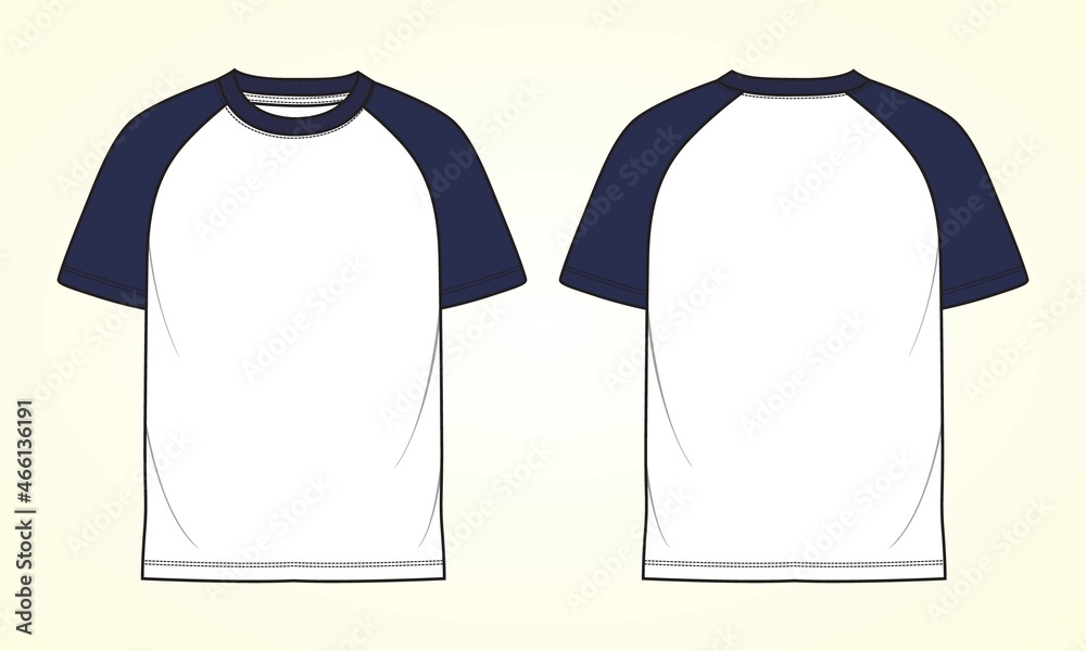 Sticker Two tone White, navy color Short sleeve Raglan T shirt technical fashion flat sketch vector Illustration template front, back views isolated Off white Background. Basic apparel Design Mock up CAD.