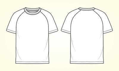 Short sleeve Raglan T shirt technical fashion flat sketch vector Illustration template front, back views isolated Off white Background. Basic apparel Design Mock up.