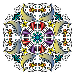 Vector circle of mandala with dolphin sea animals ornament pattern.