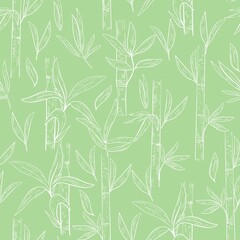 Fototapeta na wymiar Bamboo outlines seamless pattern, vector illustration. Stems with bamboo leaves and green background. Botanical template for substrate, wallpaper, fabric and packaging.