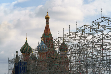 Photography of bright colorful fragment of the Domes of the famous Saint Basil's Cathedral at the Red Square. Concept of the beauty and history. High angle view. Close up photography