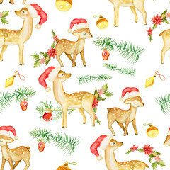 Seamless pattern with deer. Christmas seamless pattern background. Watercolor