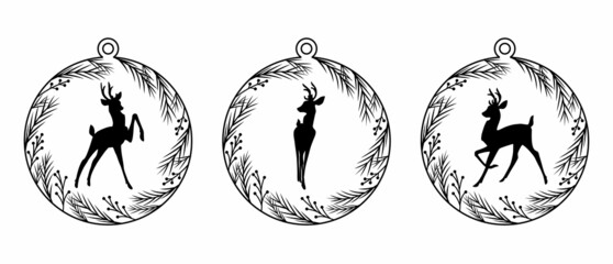 Christmas decoration. Silhouette of a deer in a ball with branches of a Christmas tree. Template for laser cutting, paper cutting and printing. New Year theme. Vector illustration.