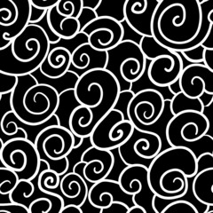 Seamless pattern with white curls, spirals, smooth lines on a black background. Black and white doodle print. For printing on fabric, packaging design.