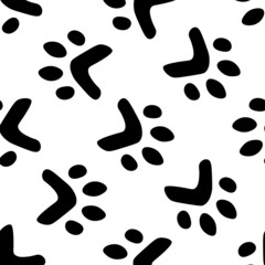 Flat cartoon animal footprint silhouette seamless pattern. Cat or dog foot, unknown animal. Black print paw trace. Vector illustration. Trendy style design