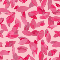 Watercolor leaves seamless repeat pattern. Random placed, vector ink plant parts all over surface print on pink background.