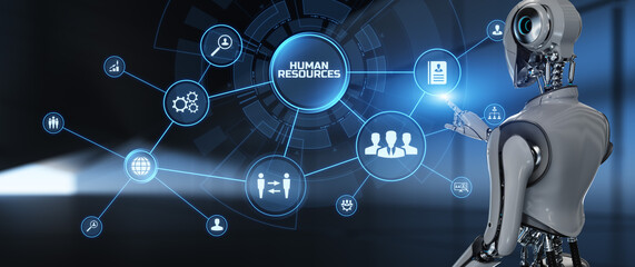 HR Human resources automation RPA. Robot pressing button on screen 3d render.