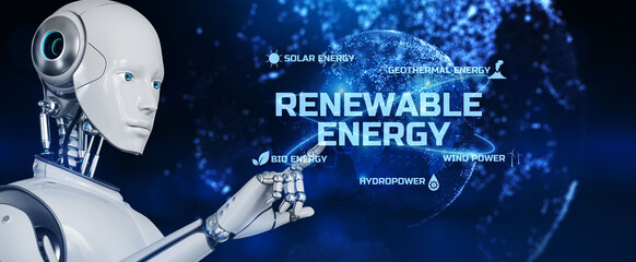 Renewable energy green technology ecology concept. Robot pressing button on screen 3d render.