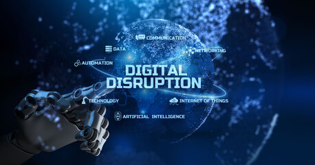 Naklejka premium Digital disruption digitalization innovation internet technology concept. Robotic arm 3d rendering.
