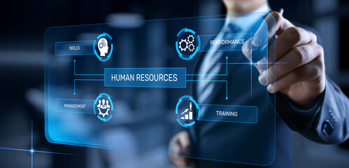 HR Human resources management Recruitment Headhunting. Businessman pressing button on screen.