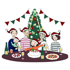 クリスマスパーティーをする三世代家族
