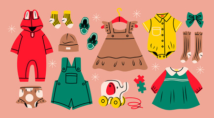 Various isolated clothes for kids and infants. Romper, pajamas, dress, hat, socks, body suit. Top view of baby clothes and accessories. Comfortable, cozy baby fashion concept. Hand drawn Vector set