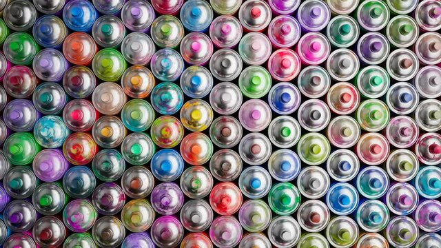 Multiple spray paint cans stacked in a pattern. Infinite looping animation. 4KHD