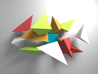Abstract colorful geometric installation over white wall  3d background