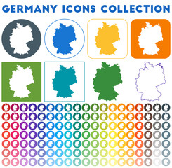 Germany icons collection. Bright colourful trendy map icons. Modern Germany badge with country map. Vector illustration.