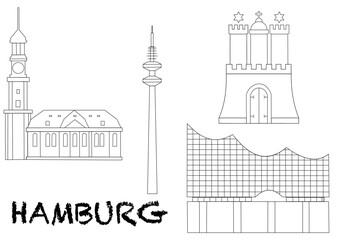 Hamburg's landmarks - Michel, Elbphilharmonie, coat of arms, television tower