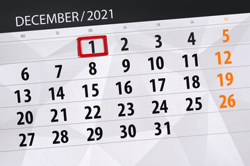 Fototapeta premium Calendar planner for the month december 2021, deadline day, 1, wednesday