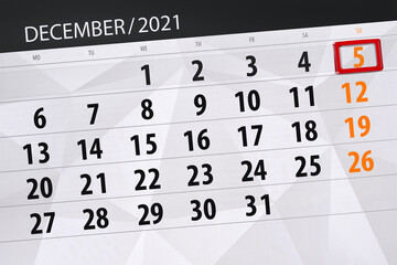 Fototapeta premium Calendar planner for the month december 2021, deadline day, 5, sunday