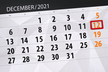 Fototapeta premium Calendar planner for the month december 2021, deadline day, 12, sunday