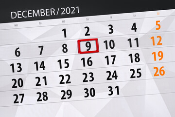 Fototapeta premium Calendar planner for the month december 2021, deadline day, 9, thursday