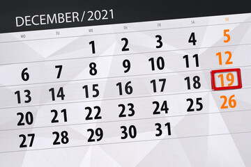 Fototapeta premium Calendar planner for the month december 2021, deadline day, 19, sunday