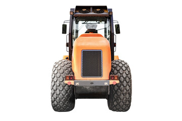 Heavy-duty vibratory roller for asphalt paving on white isolated background. Road construction equipment. Image of a road roller for design.
