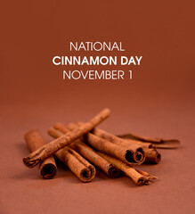 National Cinnamon Day stock images. Fragrant cinnamon sticks isolated on a brown background stock photo. Cinnamon Day Poster, November 1. Important day