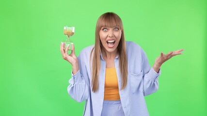 Crazy emotional lady hold hourglass hurry close deadline