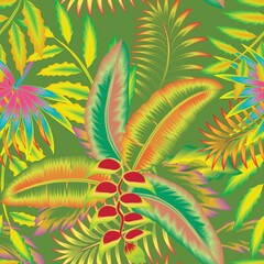 Illustration with colorful rainforest and abstract exotic flowers pattern. Beautiful seamless background with tropical plants on green background. Composition flowers elements and exotic palm leaves  