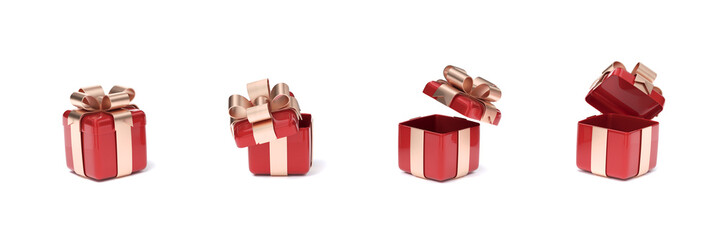 3d red open gift box set with gold ribbon bow isolated on a white background. 3d render flying modern holiday open surprise box. 3d rendering