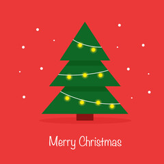 Christmas Tree With Yellow Garlands on Red Background: Winter Holiday Symbol for Greeting Cards
