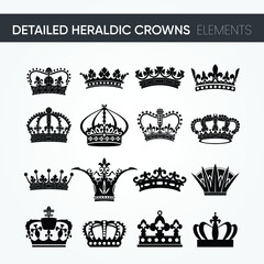 16 different high-quality modern minimalistic detailed heraldic royal crown designs vector set. for kingdom kind of designs. heraldry emblem and symbol. the classic style. line art illustratration. © cgshiraz