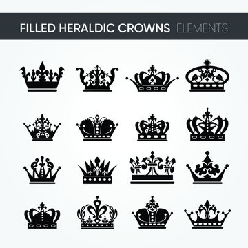 16 different high-quality modern minimalistic filled heraldic crown designs vector set. for kingdom kind of designs. heraldry emblem and symbol. the classic style. line art illustration.