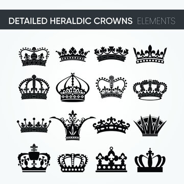 16 different high-quality modern minimalistic detailed heraldic royal crown designs vector set. for kingdom kind of designs. heraldry emblem and symbol. the classic style. line art illustratration.