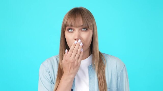 Secretive lady hand cover mouth forbidden obscene language concept