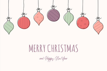 Greeting card with hanging Christmas balls and wishes. Vector