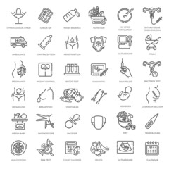 Obstetrics pregnancy vector line icons research, in vitro fertilization, ultrasound