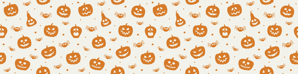 Halloween pattern with funny pumpkin lanterns and spiders. Banner. Vector