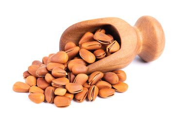 Pine nuts in wooden scoop, isolated on white background. Heap of roasted pine nuts in shells.