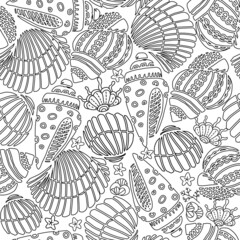 Seamless pattern. Hand drawn coloring page for kids and adults. Summer beach, sea shells, starfish, ocean. Beautiful drawing with patterns and small details. Coloring book pictures. 
