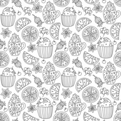 New Year, Christmas seamless pattern. Hand drawing coloring page for kids and adults. Winter Holidays. Beautiful drawing with patterns and small details. Coloring anti stress pictures, mandala