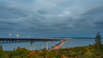 The Bridge in night time. The street in night time. The Presidential Bridge in Ulyanovsk, the fifth longest in Russia.