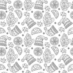 New Year, Christmas seamless pattern. Hand drawing coloring page for kids and adults. Winter Holidays. Beautiful drawing with patterns and small details. Coloring mandala. Gloves, hat, socks