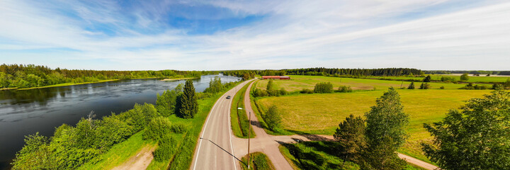 Aerial panoramic view of place Myllykoski at river Kymijoki, Kouvola, Finland.